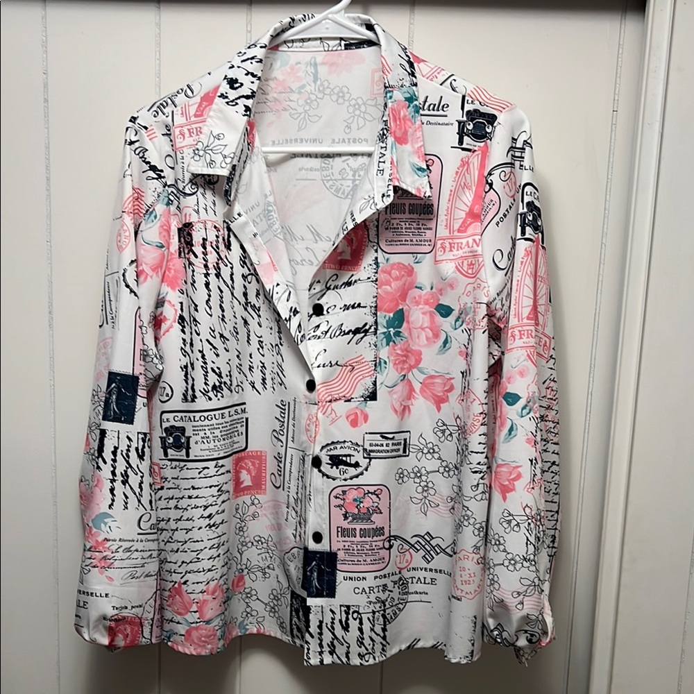 Floral and Script Print Button-Up Shirt XXL